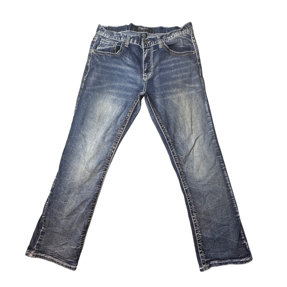 True Luck Jeans Mens 34x30 (36x28) Blue Straight Leg Embroidered Heavy Stitch